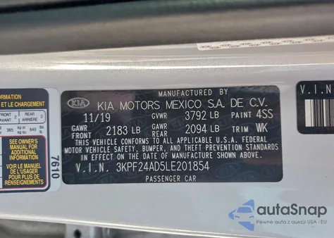 2020 Kia Forte Fe z USA, uszkodzony, nr VIN 3KPF24AD5LE201854